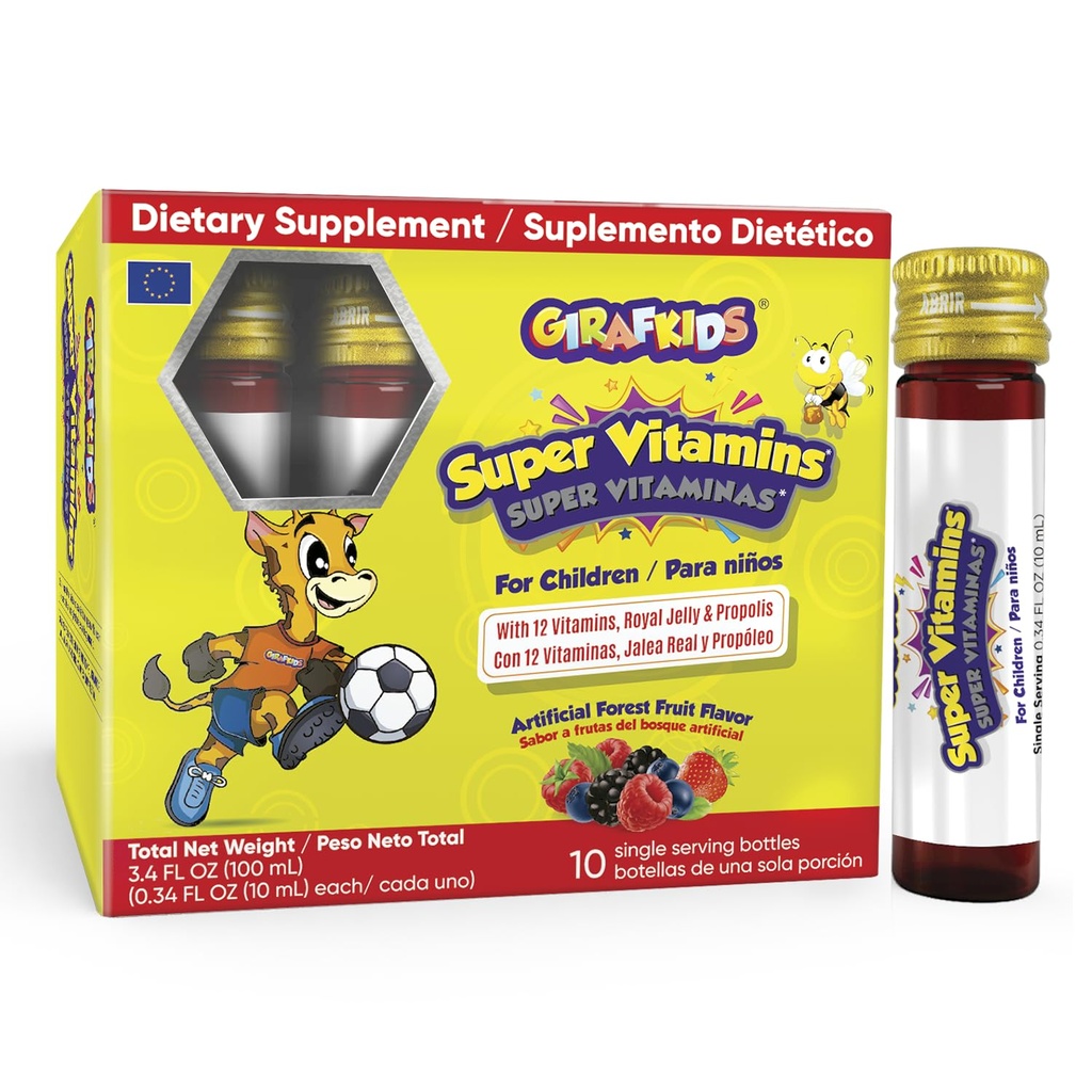 GirafKids Super Vitamiinid lastele vanuses 4+ | 10 serveerivad pudelid Vedelad multivitamiinid immuunsuse toetamiseks ja energiaks | 12 vitamiini | Maitsev metsa puuviljamaitse | Rikastatud Royal Jelly & Propolis