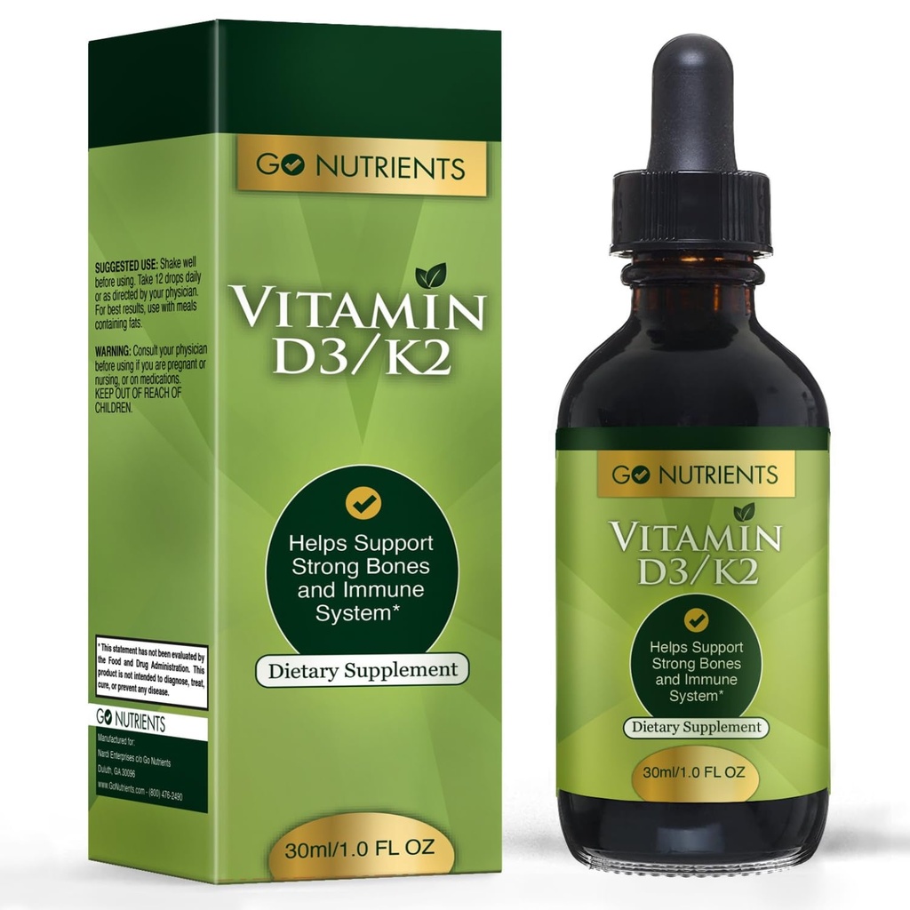Go Toitained Vitamiin D3 K2 tilgad - Vedel VIT D täiendus MK7 täiskasvanutele ja lastele - kõrge imendumise sublingvaalne tugi luu, südame-veresoonkonna, südame- ja immuuntervise - 1 oz, 90 Servings