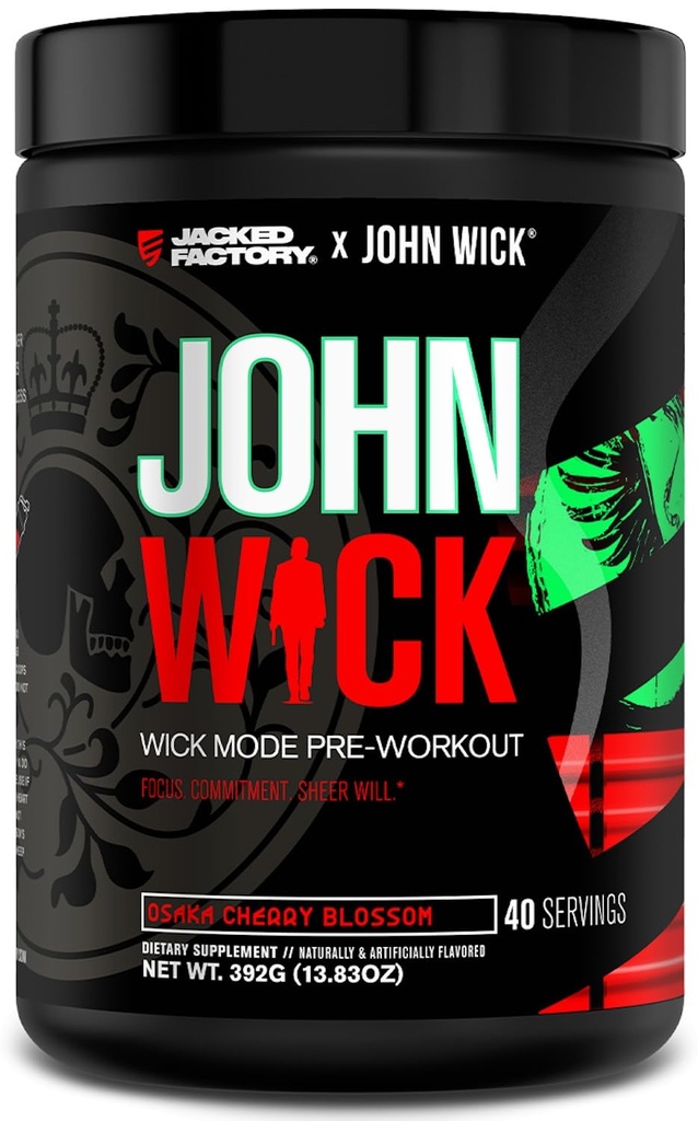 Jacked Factory X John Wick - Wick Mode Pre Workout Powder - Intense Energy, Battle-Ready Focus, Peatamatu pühendumus ja Sheer Will - 40 Servings, Osaka Kirsiõis