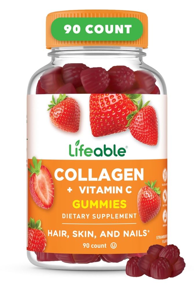 Elujõuline kollageenpeptiidid Gummies | 100mg koos C-vitamiiniga | suurepärane maitsega kollageenilisandid | Taimsed juuste nahk ja küüned kummikud | Kollageenkummid täiskasvanutele, meestele, naistele | 90 Gummies
