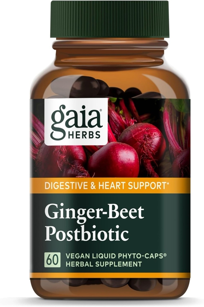 Gaia maitsetaimed Ingver-Beet Postbiootikum - soolestiku ja südame tervise toetamise täiendus - valmistatud orgaanilistest kääritatud peedidest ja ingverist - piima-, soja- ja gluteenivaba - 60 vegankapslit (30 serveerimist)