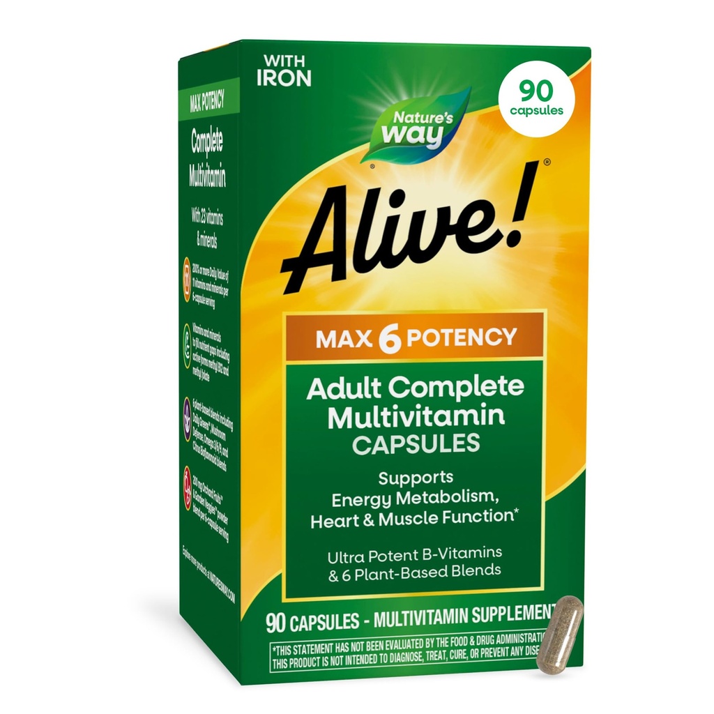 Looduse Tee Elus! Max6 potentsi täiskasvanute täielik multivitamiin, koos raua, vitamiinidega A, C, E ja B-vitamiinid, sealhulgas metüülitud B12 ja folaat, toetab energia metabolismi *, 90 kapslit (pakendamine võib varieeruda)