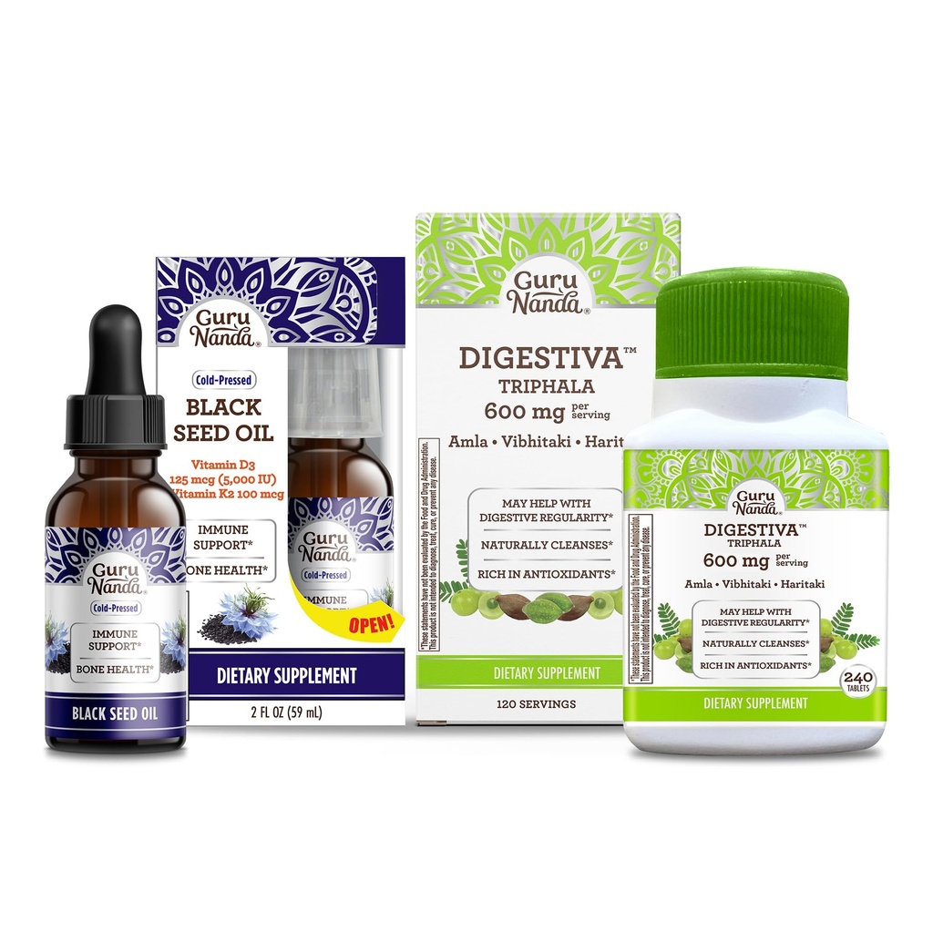 GuruNanda musta seemne õli, külmpressitud Nigella Sativa - rikkalik D3-vitamiini 5000 ühikut ja Digestiva Triphala (240 tabletti), toetab seedimist, aitab puhuda