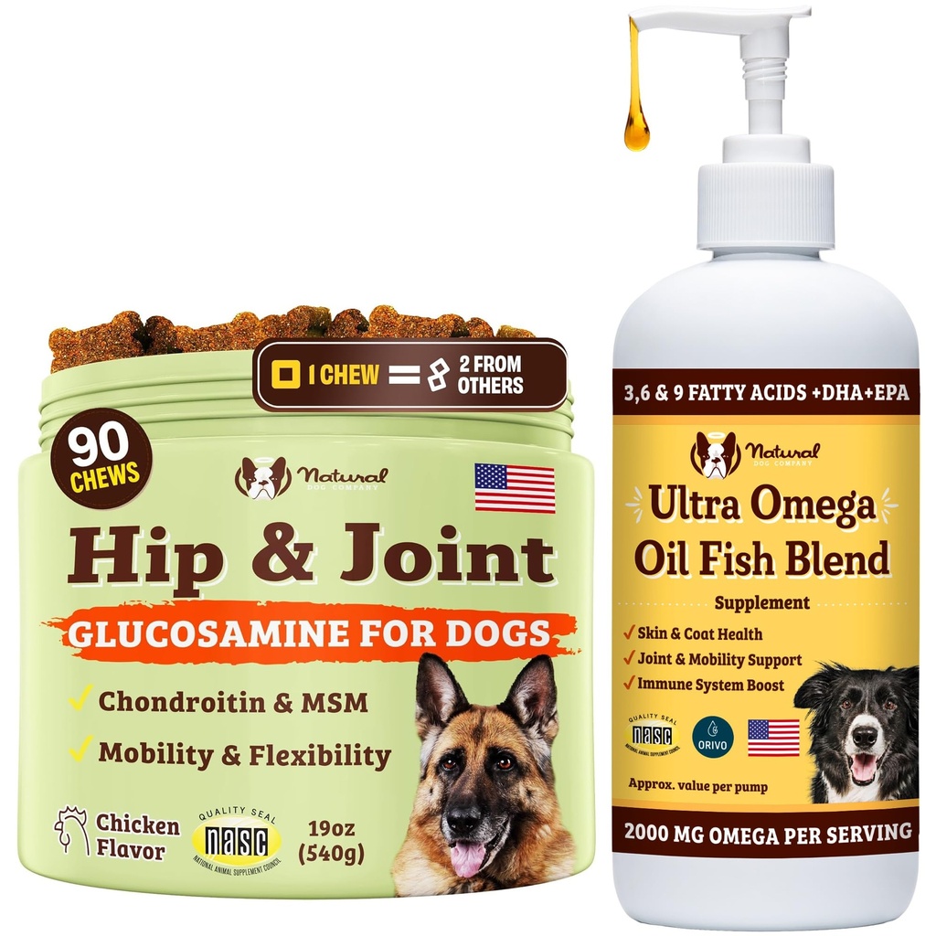 Natural Dog Company Canine Vitality Dog Vitamiinid ja toidulisandid Bundle, Sisaldab (1) Puusa- ja liigesenäidised Supplement-90 tk kosekiin koertele, (1) Ultra Omega Fish Oil 16 Oz Omega 3 Kalaõli koertele