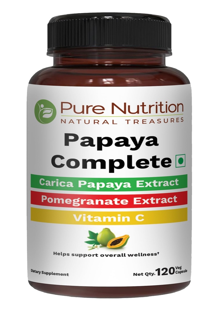 Puhas toitumine Papaya Täielik | 120 kapslit | Carica Papaya Leaf ekstrakt raua, VIT C, VIT A & foolhappega | Toetab trombotsüütide immuunsust ja seedimist Mitte-GMO | Gluteenivaba
