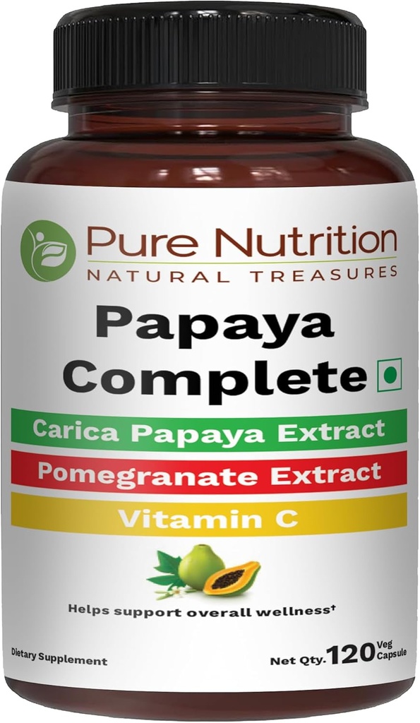 Puhas toitumine Papaya Täielik | 120 kapslit | Carica Papaya Leaf ekstrakt raua, VIT C, VIT A & foolhappega | Toetab trombotsüütide immuunsust ja seedimist Mitte-GMO | Gluteenivaba