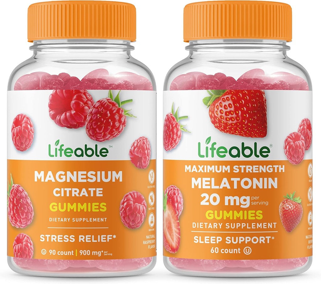 Elujõuline magneesium + melatoniin 20 mg, Gummies Bundle - suurepärane maitse, vitamiinilisand, Gluteenivaba, GMO-vaba, närimiskumm