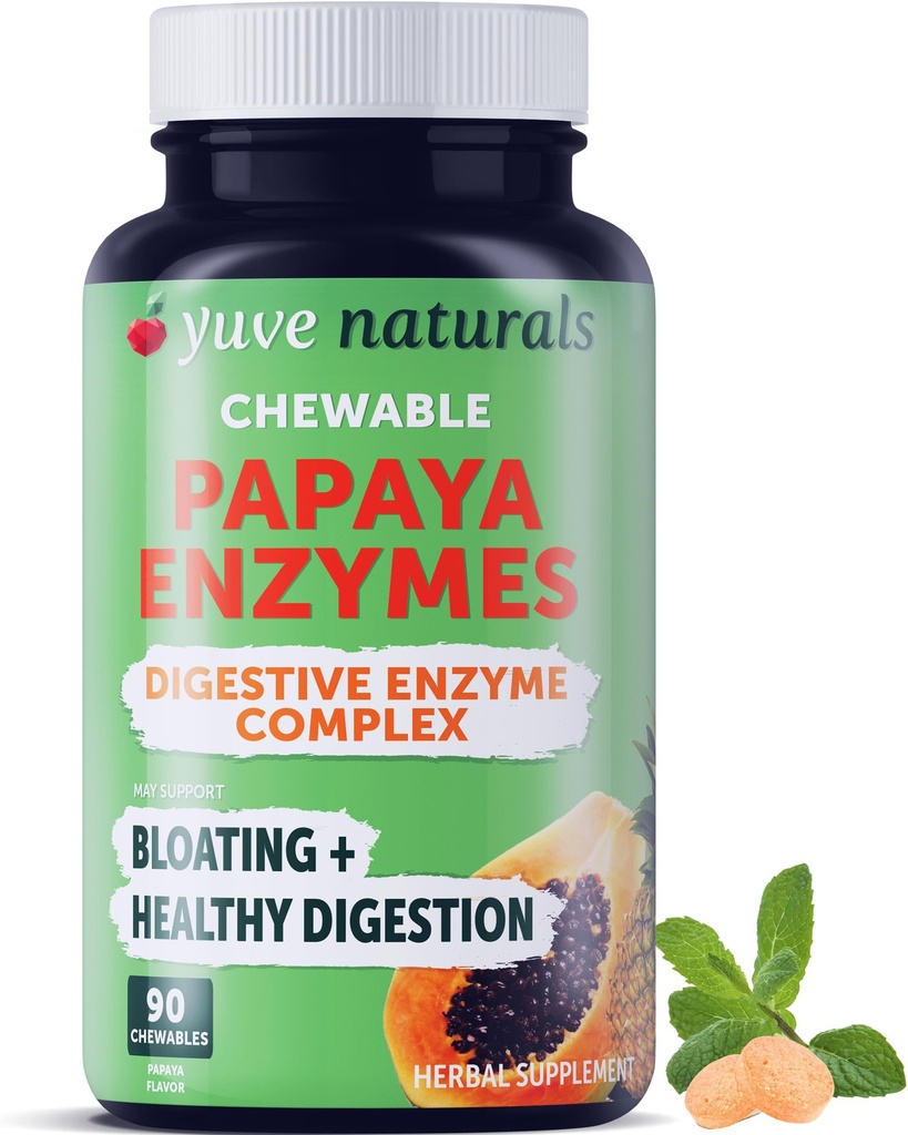 Yuve Natural Papaya Seedeensüümid - Suhkruvaba närimiskompvekid - Soodustab Paremat Seedimist - Kõhukinnisus & Bloating Aid, Detox, Leaky Gut Repair & Gas Relief - Vegan, Mitte-GMO, Gluteenivaba - 90ct
