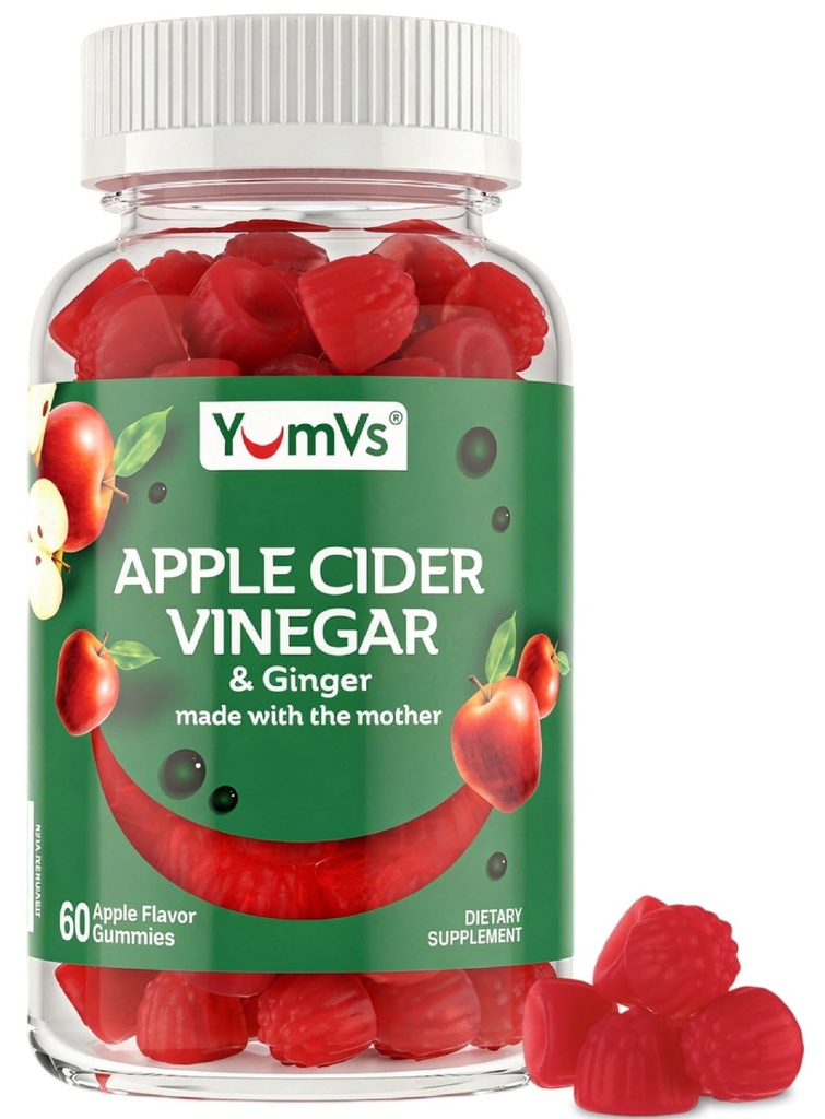 YUM-V'S Apple Cider äädikakummies - ACV Gummies koos ingveri ja emaga - toetab ainevahetust, elujõudu ja igapäevast heaolu - Natural Apple Flavor Vegan, Non-GMO, Gluteenivaba, Siider Gummy - 60 Count