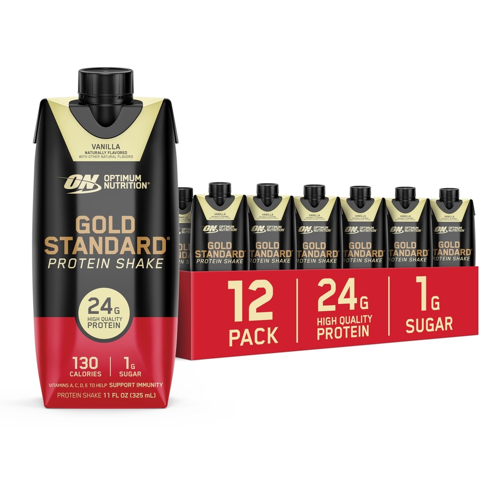 Optimum Nutrition Gold Standard Protein Shake, 24 g valku, valmis joomiseks Valgu raputamine, Gluteenivaba, C-vitamiin immuunsuse toetamiseks, Vanilla, 11 Fl Oz, 12 loend (pakend võib erineda)