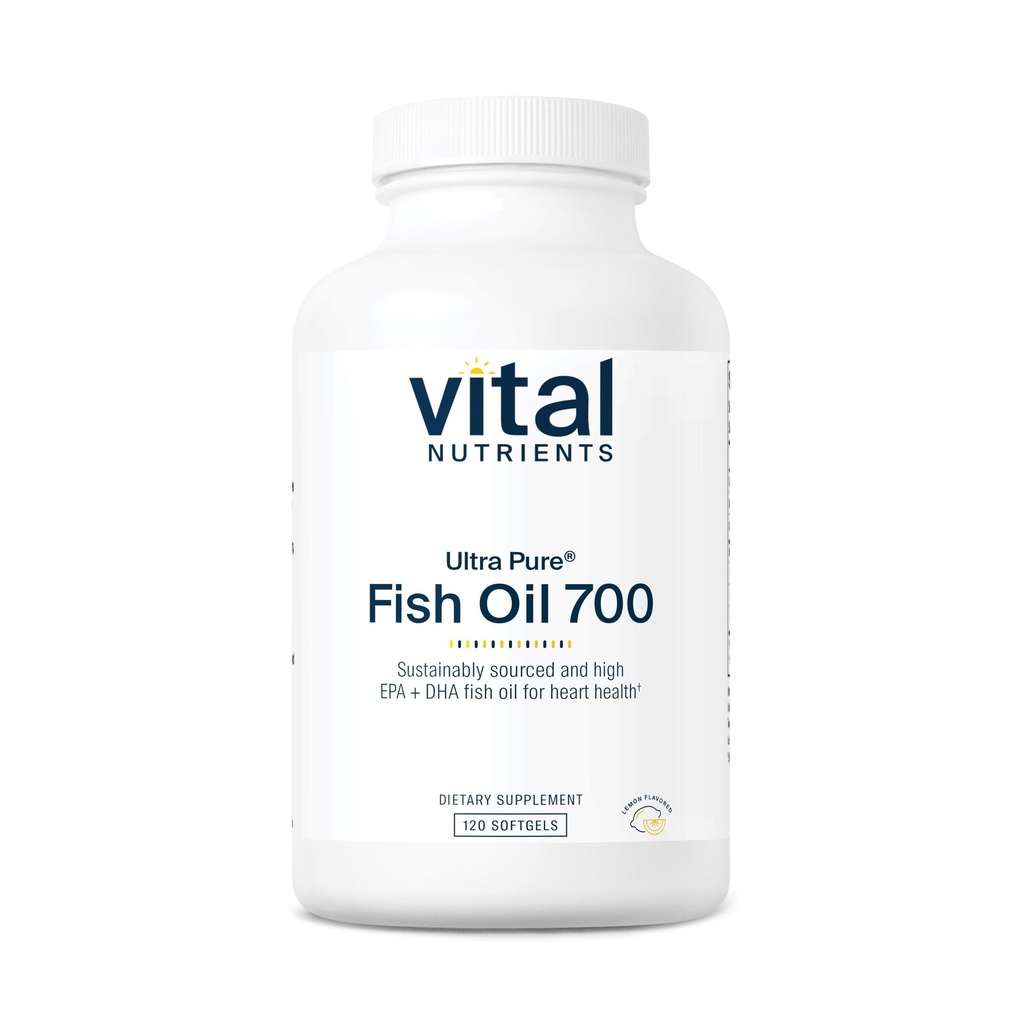 Elutähtsad toitained Ultra Pure Fish Oil 700 - toetab südant, aju ja liigeste tervist * - jätkusuutlikult hangitud kõrge EPA & DHA Omega-3 rasvhape - Sidrunimaitse - Gluteeni, piima ja soja vaba - 120 Softgels