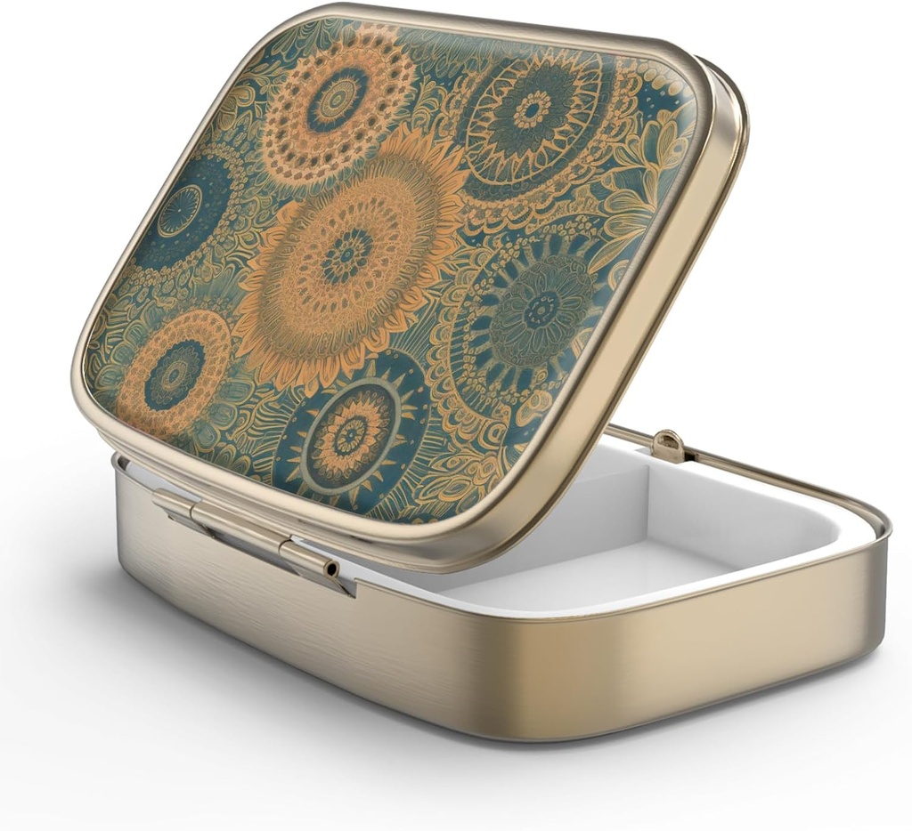Pill Case Box koos Peegel Retro 2 Kompartment Väike pillid juhul rahakoti või tasku pronksist Ristkülikukujuline Pill Box või vitamiinid, kalaõli, toidulisandeid, Pill Sisaldab Reisikingitused (Retro Mandala)