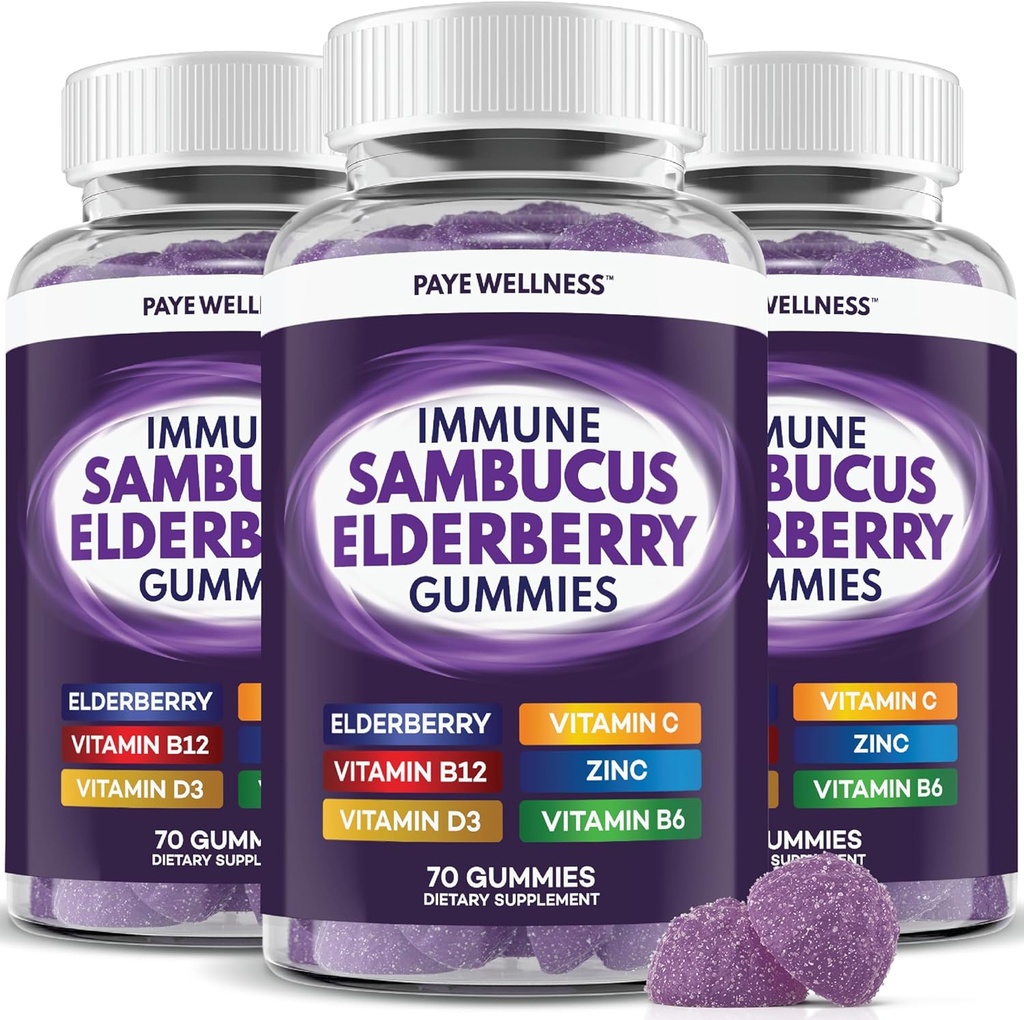 Elderberry Gummies Immune Support, Daily Support lastele ja täiskasvanutele *, Sambucus Elderberry, tsink, C-vitamiin, D3, B6, B12, Plus - toidulisand - 210 Count