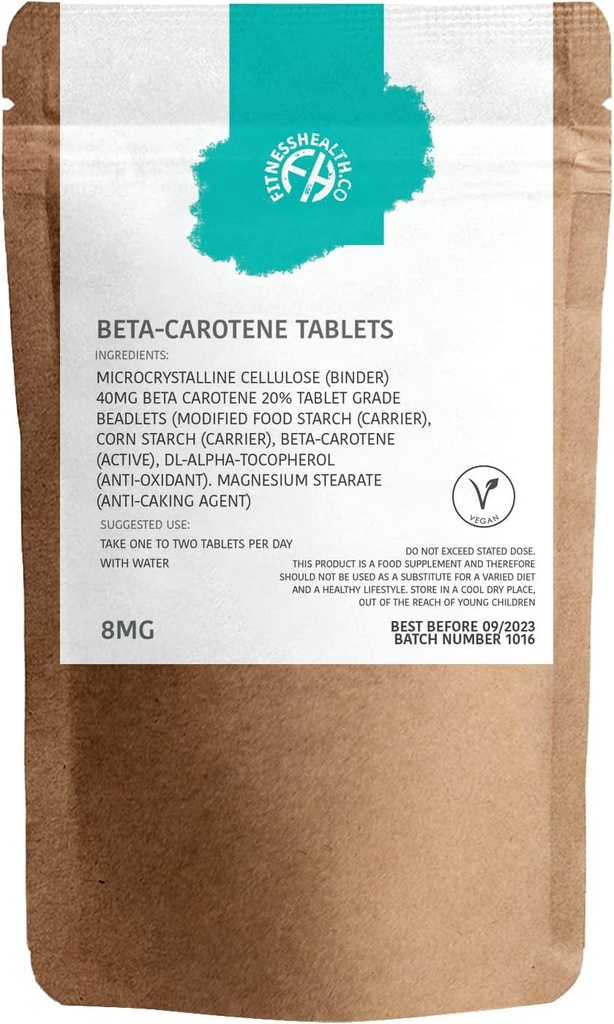 Fitness Tervis Beeta-karoteen 8MG 120 tabletti - puhas A-vitamiini allikas - tervislik nahk ja vastupanuvõimeline süsteem - parkimiskiirendaja - Gluteen ja GMO-vaba