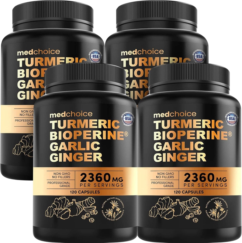 4-in-1 kurkum ja küüslaugu täiendused bioperiiniga - 2360mg kurkum ingveri juurkapslid küüslauguga - kõrge tugevusega taimse segu (120 ct, 4 pakend)