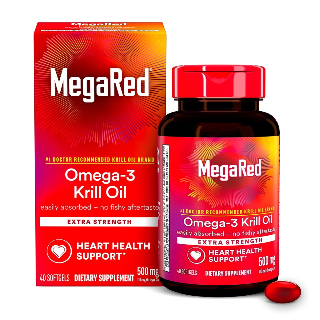 MegaRed Omega-3 Krill Oil 500mg Extra Strength softgels (40 Count a Box) - Krill Oil No Fishy Aftertaste