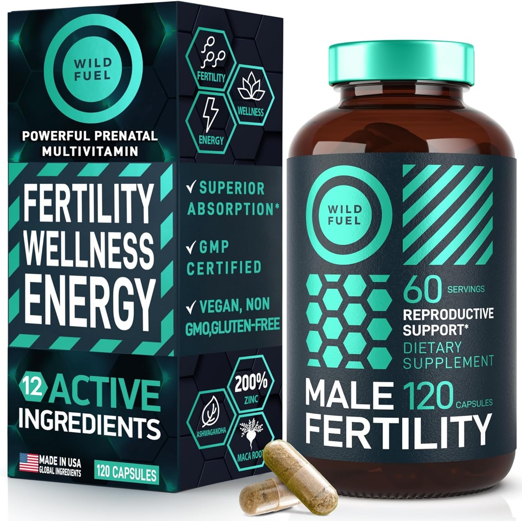 Fertility Supplements for Men Prenatal Vitamin - Maca Root, Ashwagandha, Zinc, Plus Naturals - Conception for Him Men Fertility Vitamins and Male Fertility Support Supplements - 120 Caps for 2 Months