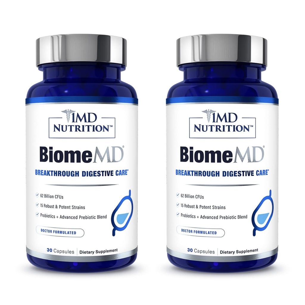 1MD Toitumine BiomeMD Probiootikumid | 62 miljardit CFUd, 15 terviklikku tüve - pro & prebiootikumid | Arst-Formulated for Digestive Health & Immune Support | 60 kapslit