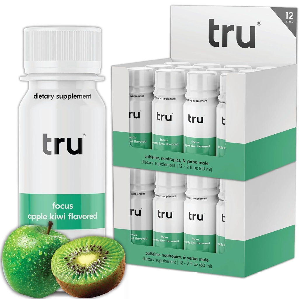Tru Focus Shot, Apple Kiwi Maitsestatud Extra Tugevus Energia Shots - Nullsuhkur Nootroopne Jook pluss Adaptogeenid, koliin ja Yerba Mate - looduslik kofeiin, GF, Keto, Vegan Supplement, 2oz (pakk 24)