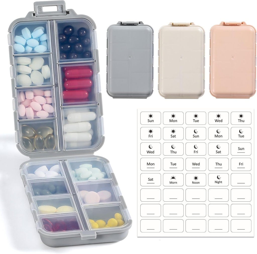 LANDNEOO 14 Grids Pill Organizer Box koos etikettidega, Travel Medic Holder Dispenser Case Kit, Pocket Daily Pharmacy Container Fish Oil Vitamin Supplement Storage, Khaki Pink Grey, 3 Pack