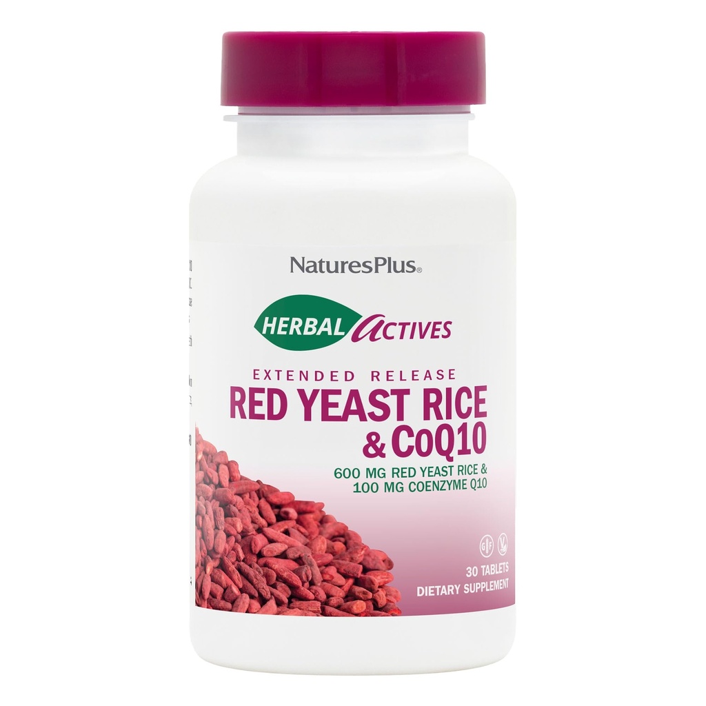 NaturesPlus Herbal Actives Red Pärmi Rice 600mg & CoQ10 100mg, Extended release - 30 Vegan Tablets - Maksimaalne potentsilisand, Antioksüdant - Taimetoitlane, Gluteenivaba - 30 Serving