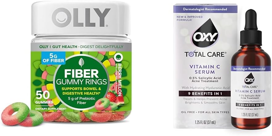 OLLY Fiber Gummy rõngad 50ct + Oxy Total Care hüdrateerimine C-vitamiini seerum seedetrakti toetuseks, selgem nahk