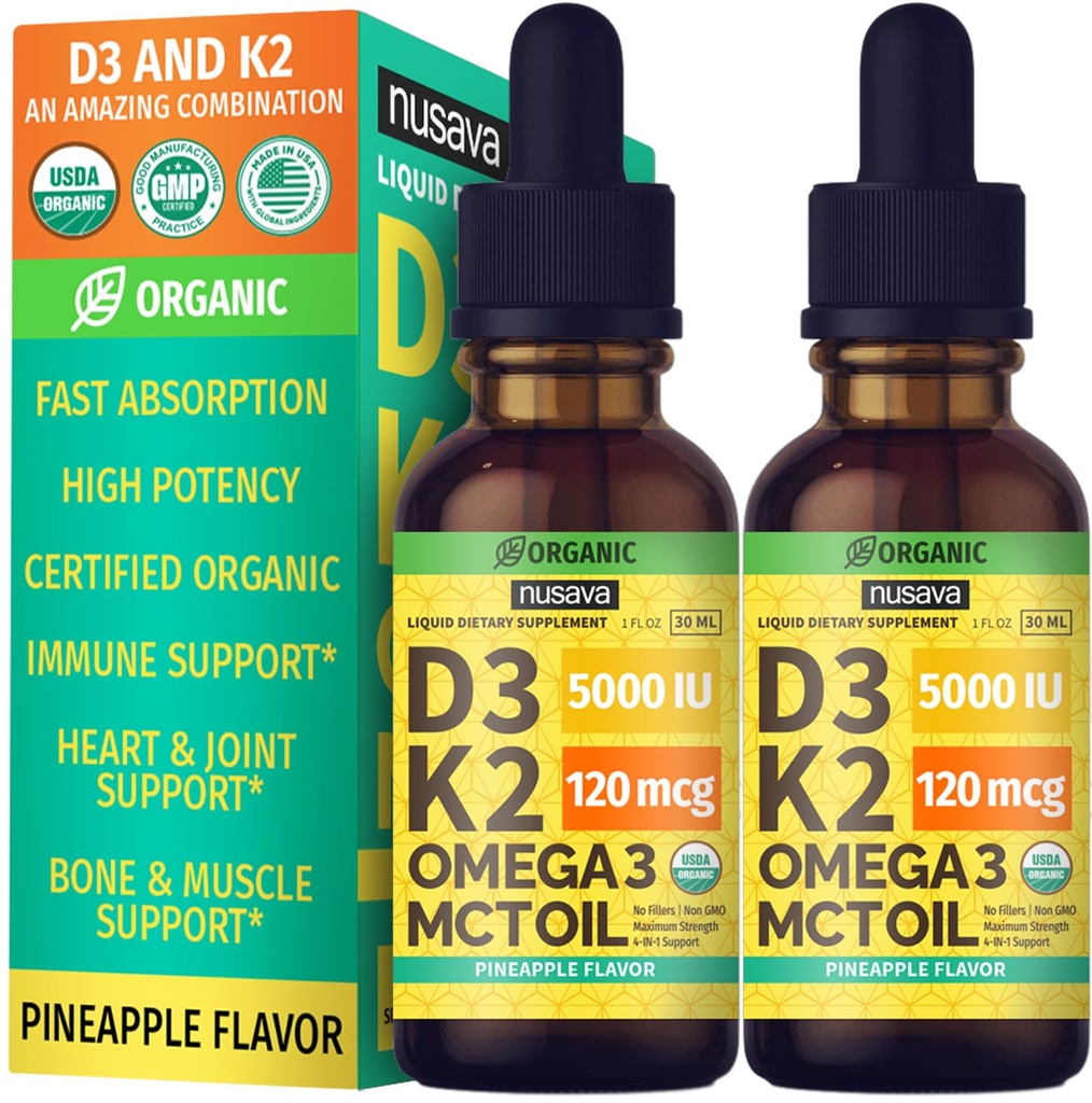 (2 Pack) Orgaaniline Vitamiin D3 K2 tilgad MCT õli Omega 3, maksimaalne tugevus D-vitamiini Vedel 5000 RÜ, Ei Täiteaineid, Mitte-GMO Vedel D3 Kiirem imendumine ja immuunsüsteemi tugi (Ananass, 2 Fl Oz)