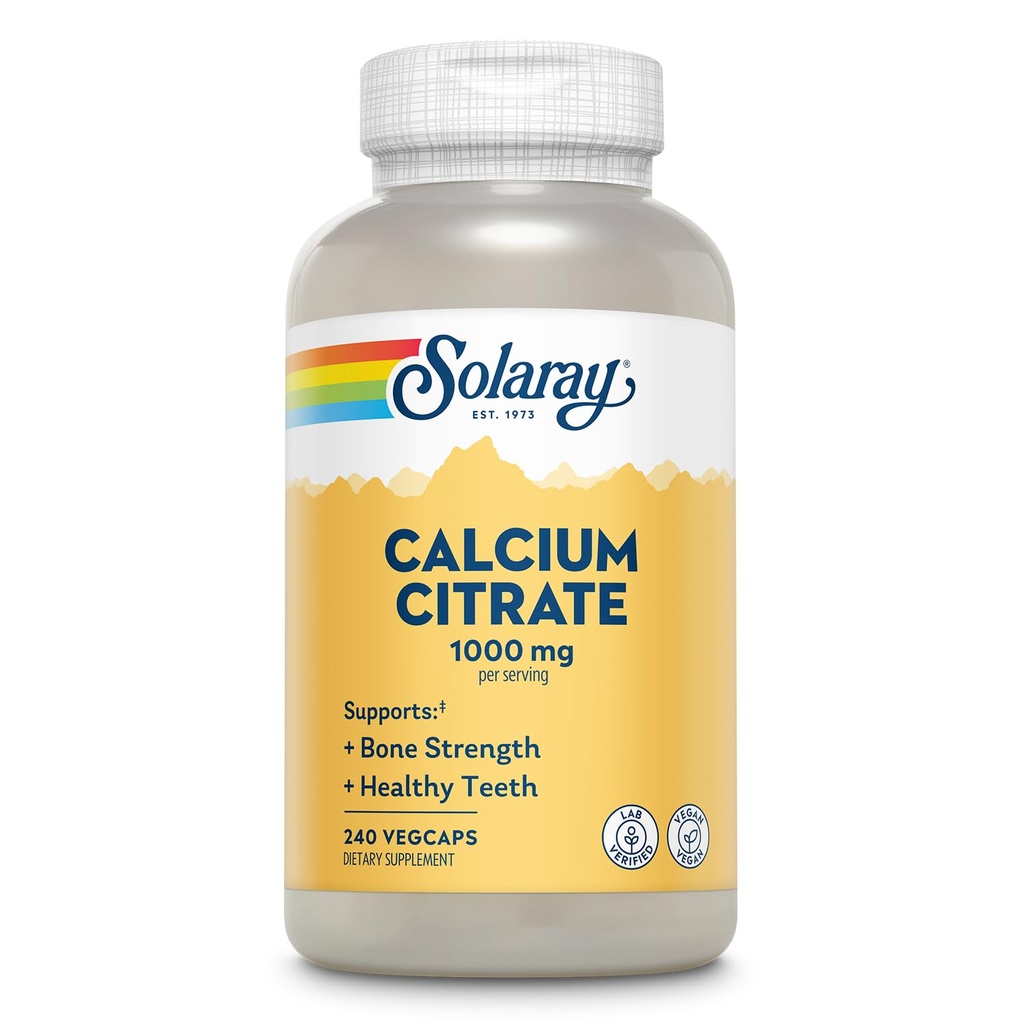 Solaray Calcium Citrate 1000mg - Kelate Calcium Supplement - Toetab Luu tugevust ja tervislikke hambaid - Lihtne seedida - 60-päevane garantii, Vegan - 60 Servings, 240 VegCaps