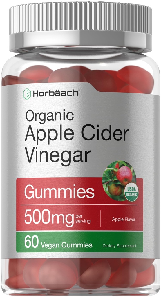 Horbäach Organic Apple Siider Äädikas Gummies | 60 Gummies | Vegan, Non-GMO & Gluten-free Supplement | USDA Organic ACV | Apple Flavor