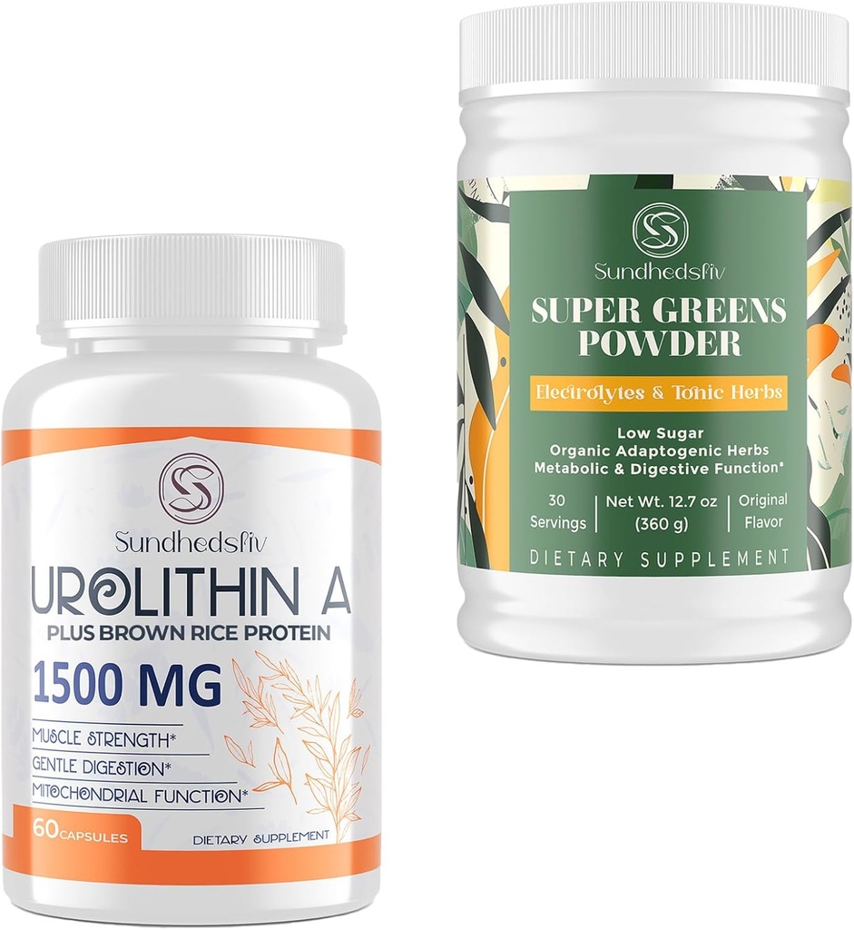 Urolitiin A Supplement 1500MG Plus Brown Rice Protein + Super Greens Pulber Superfood Supplement koos elektrolüütide ja tooniliste maitsetaimedega