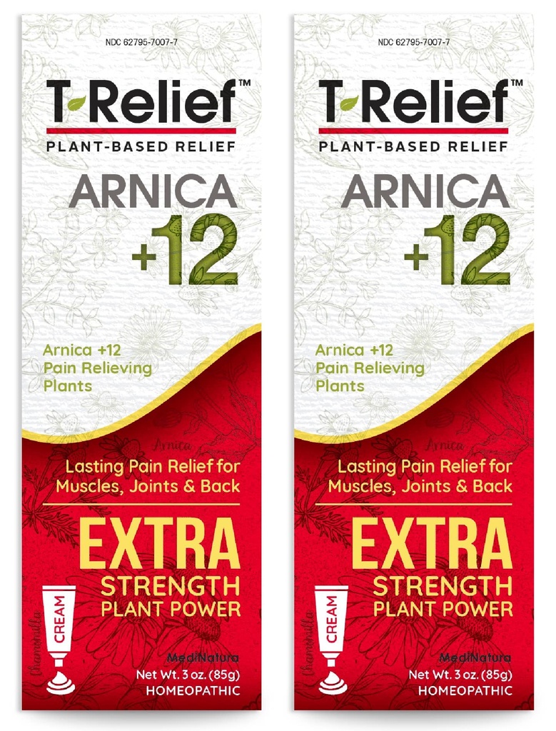 MediNatura T-Relief Extra Strength Cream Arnica +12 Natural Relief Actives seljavalu Liigesevalu Lihasvalud ja jäikus, Terve keha kiire tegutsemine Abi naistele ja meestele - 3 oz (2 Pack)