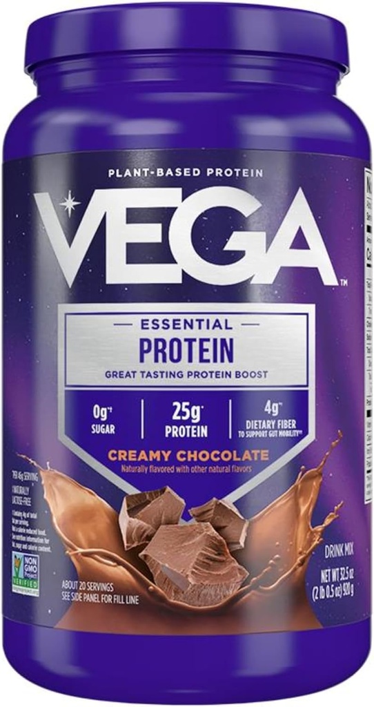 Vega Original Essential Protein - 25g Plant-Based Protein, Creamy Chocolate, 20 Servings, Vegan Non-GMO Drink Mix, Smoothie & Shake Ready, Gluten Free, Dairy Free, 32.5oz (Packaging May Vary)