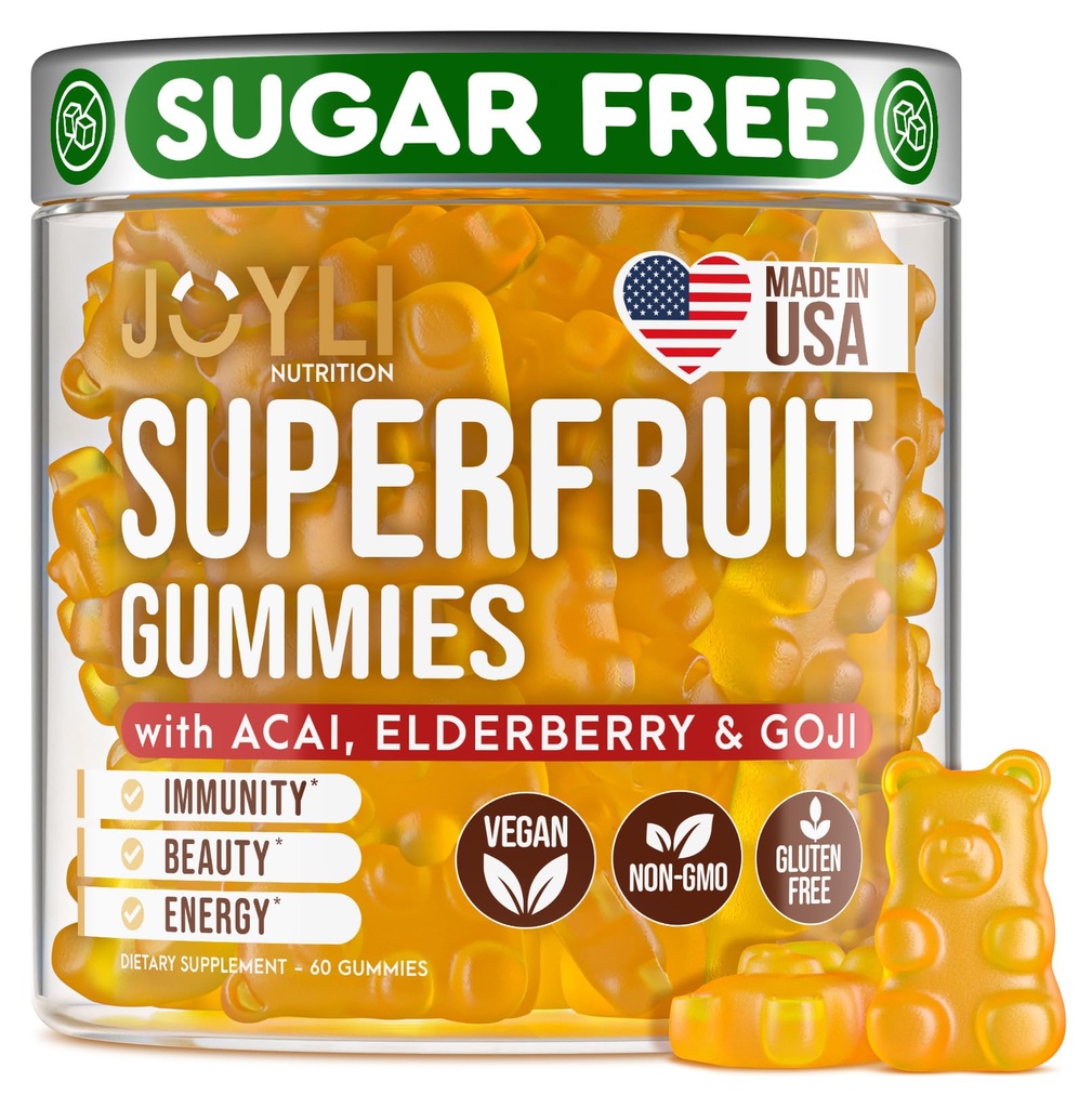Joyli Superfruit Gummies - Sugar-Free Fruit Multivitamiin Gummies täiskasvanutele - Natural Gummy vitamiinid naistele ja meestele Goji, Elderberry, vitamiinid A, C, D & E - toetab immuunsust, seedimist ja energiat