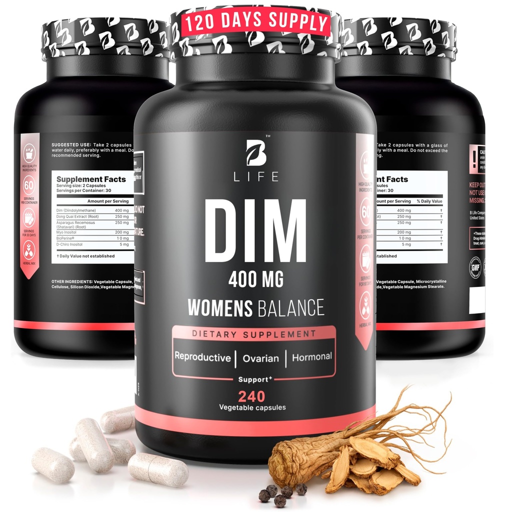 DIM Supplement 400 mg koos Myo & D-Chiro Inositool, Dong Quai - PCOS Supplements - Hormooni tasakaal naistele - viljakuse täiendused - Inositool Supplement - 240 Caps