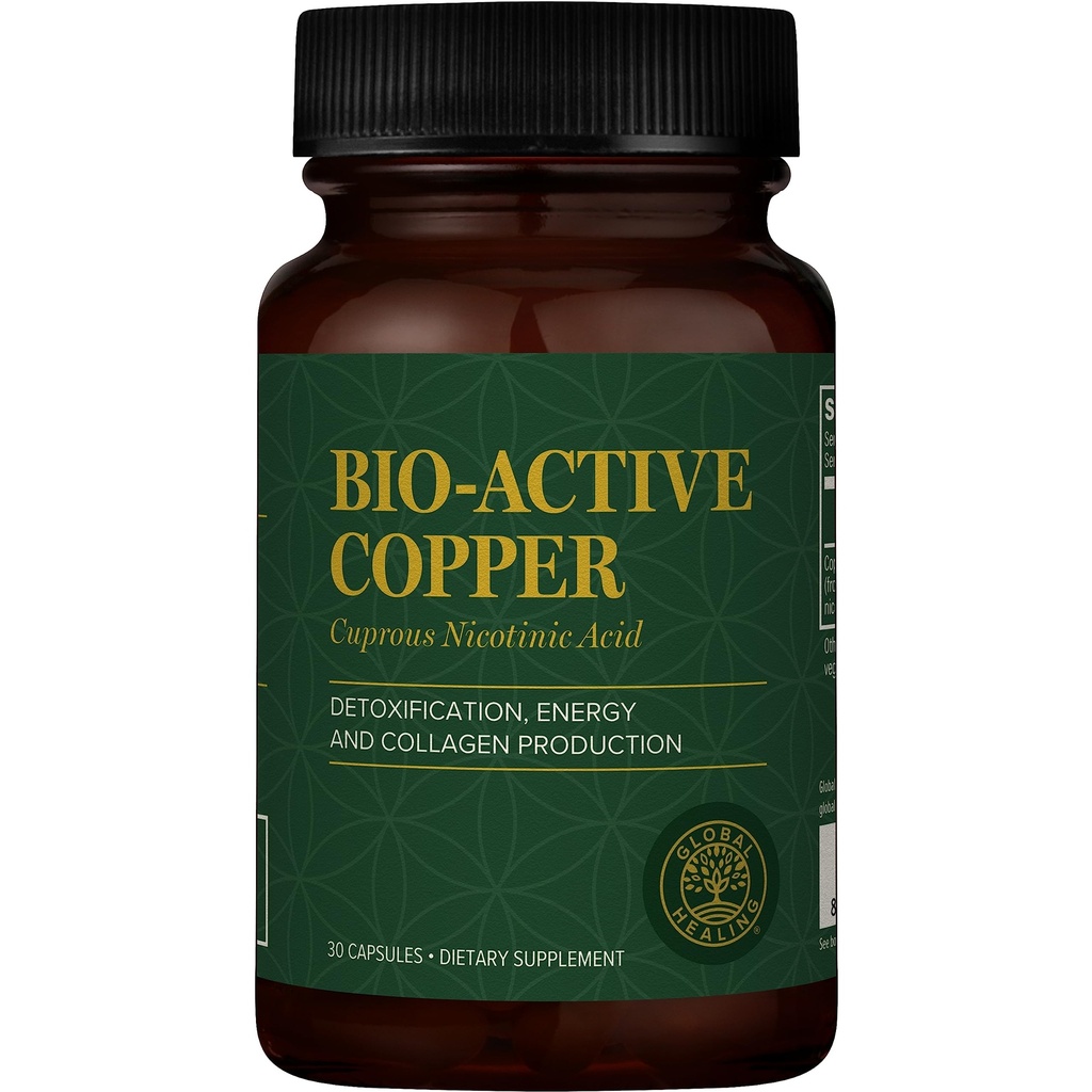 Global Healing Bio-Active Copper Supplement Cu1 - Cuprous nikotiinhape aitab detox keha seestpoolt - toetab immuunsüsteemi ja punaseid vereliblesid - Niatsiin Vitamiin B3 Kelaaditud vask - 30 kapslit