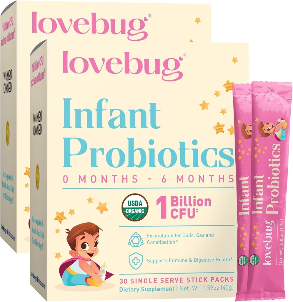 LOVEBUG Imiku probiootikumid 0-6 kuud - USDA orgaanilised probiootikumid imikutele, toetab beebigaasi, kollast, kõhulahtisust ja vastsündinud kõhukinnisust, allergeeni ja suhkruvaba, maitsetu pulber, 60 pakendit
