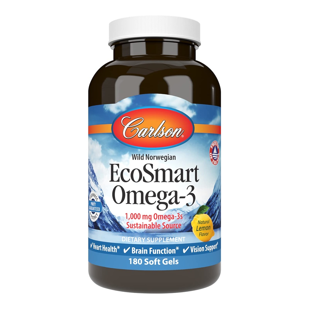 Carlson - EcoSmart Omega-3, 1000 mg Omega-3s, jätkusuutlik allikas, südame tervis, ajufunktsioon ja nägemise tugi, sidrun, 180 Softgels