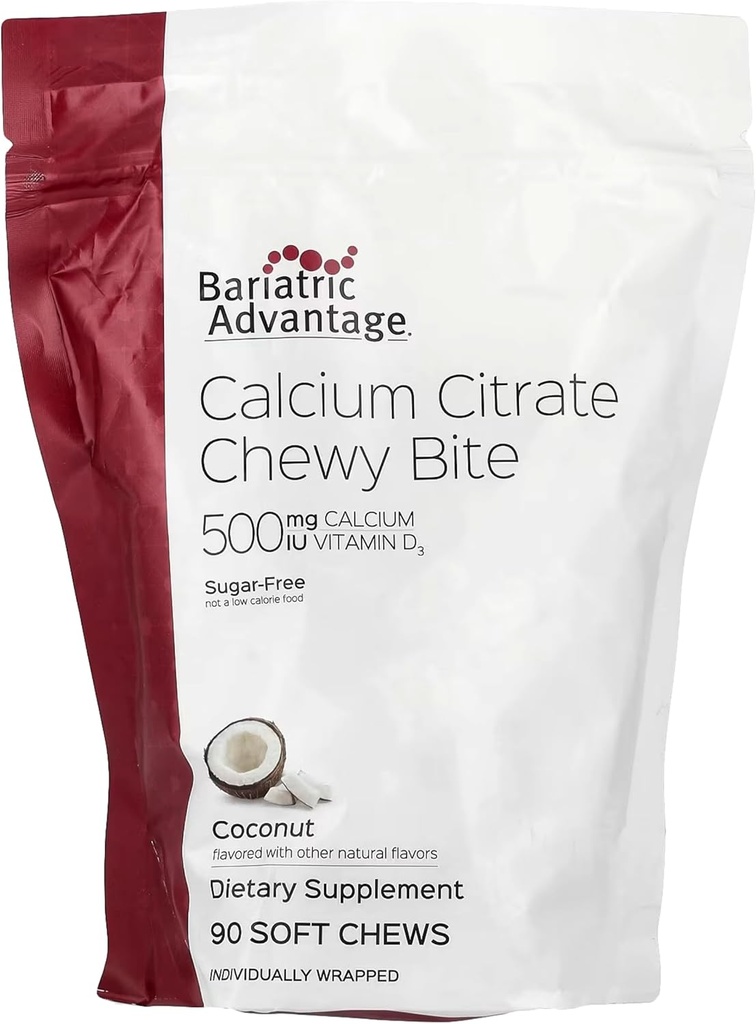 Bariaatriline eelis Kaltsiumtsitraat Chewy Bites 500 mg - väga imenduv & seeditav - Vitamiin D3 - kergesti näritav kaltsiumilisand - kookospähkli maitse - 90 loend