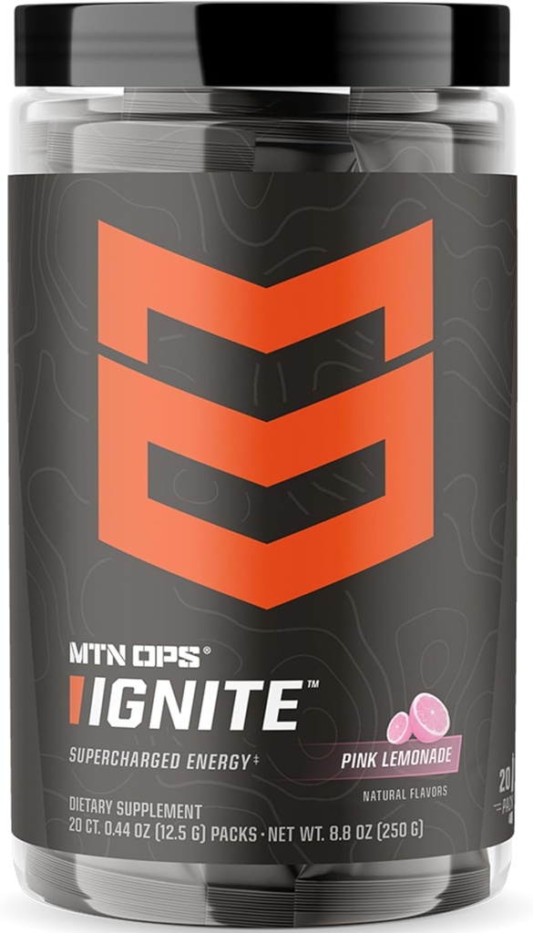 MTN OPS Ignite Trail Packs Energiajoogipulber, Gluteenivaba Nootroopiline Toidulisandi Joogisegu, L Arginiin, L Tsitrulliin, Kofeiin ja Nootroopne Suhkruvaba Joogi Segu, 20 Servingut, Roosa Lemonaat