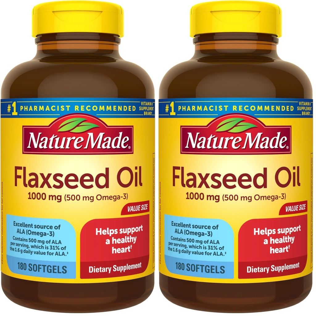 Nature Made linaseemneõli 1000 mg, toidulisand südame tervise toetamiseks, 180 Softgels (pakk 2)