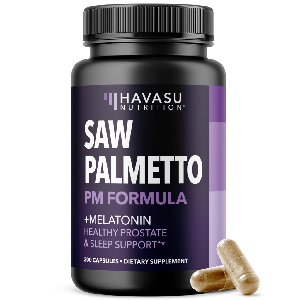 Saw Palmetto PM meestele melatoniiniga 3mg - öine eesnäärme tervise täiendus põie ja une toetamiseks - vähendage kuseteede sagedust - 200 loend - vegan, mitte-GMO kapslid - üle 6 kuu pakkumine