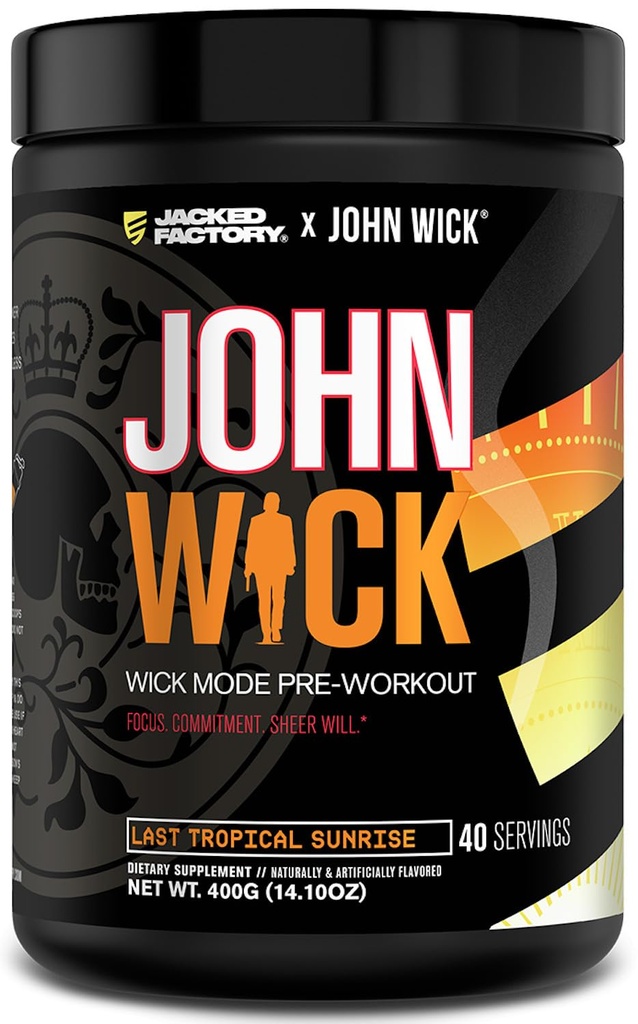 Jacked Factory X John Wick - Wick Mode Pre Workout Powder - Intense Energy, Battle-Ready Focus, Peatamatu pühendumus ja Sheer Will - 40 Servings, Last Tropical Sunrise