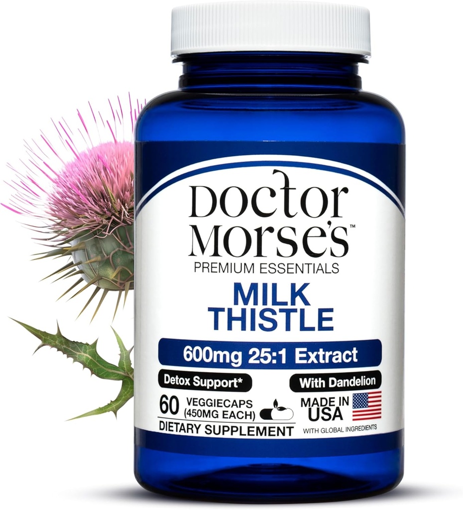 Doktor Morse Piimaohaka täiendus 25: 1 Väljavõte 600mg, mis vastab 15000mg, Maksa Detox Support 4: 1 Väljavõte 300mg samaväärne 1200mg Dandelion Juur - FDA Certified Ultra Potent Formula - 60 Caps
