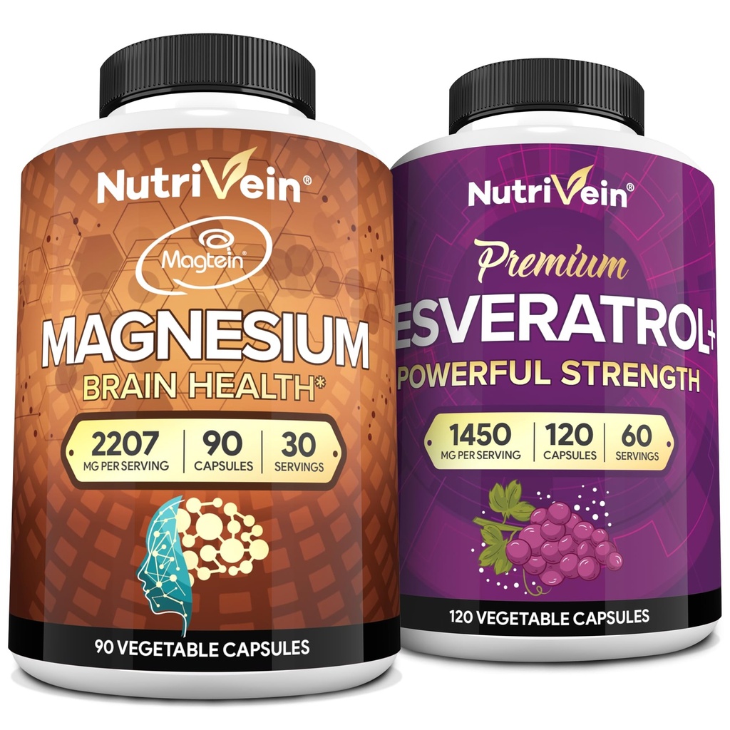 Nutrivein Premium Magneesium L-Threonate & Resveratrool Supplement Bundle: suure imendumisega Magneesium Threonate ja Resveratrool Kapslid remont, kaitsemeetmed ja elujõudu
