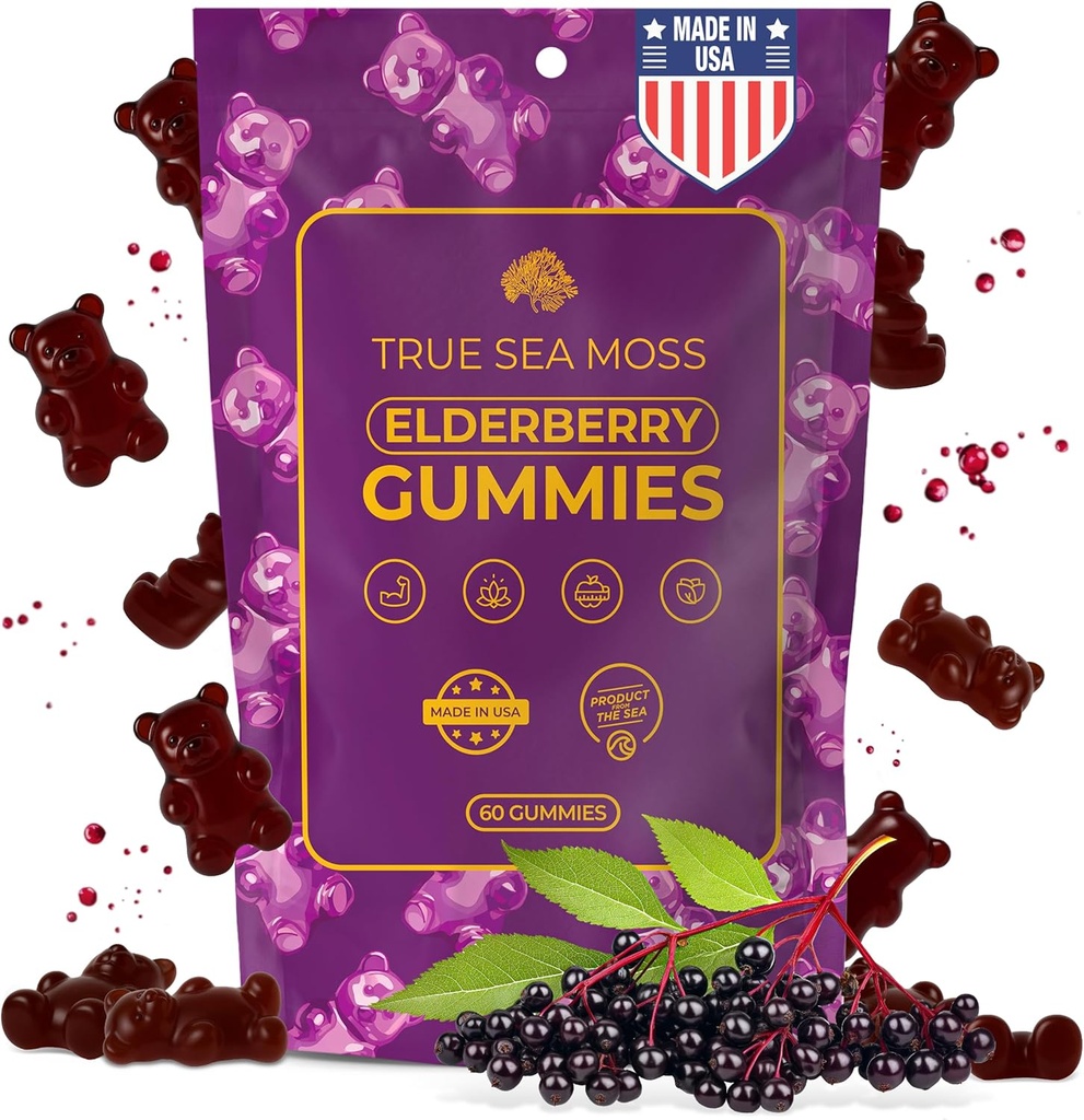 TrueSeaMoss Sea Moss Elderberry Gummies täiskasvanutele ja lastele - Burdock Juur, Põiewrack & Magnesium - Vegan, Non-GMO valem - Made in USA - 60 Gummies