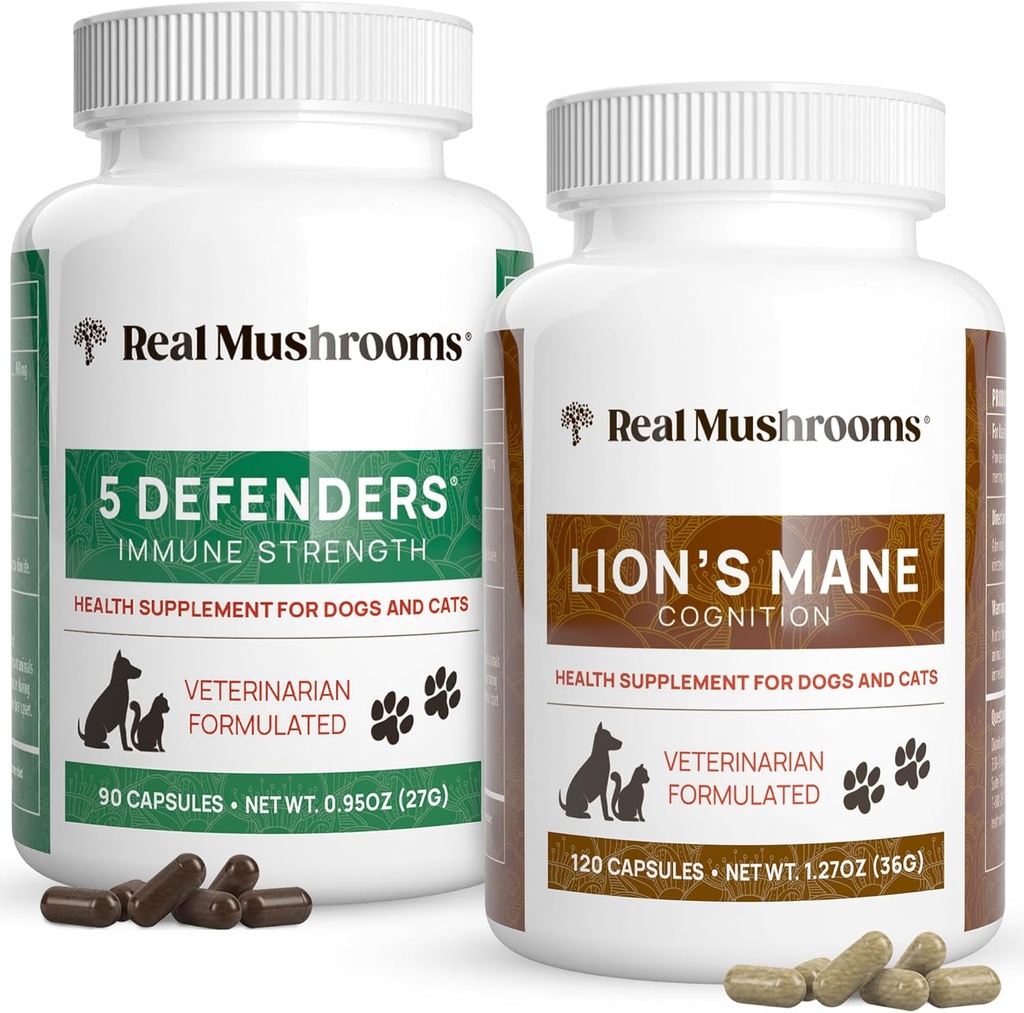 Real Mushrooms 5 Defenders for Pets (90ct) and Lions Mane for Pets (120ct) - Bundle for Immune Strength & Cognition - Vegan, Non-GMO, Gluten-Free, Grain-Free Mushroom Pet Supplements
