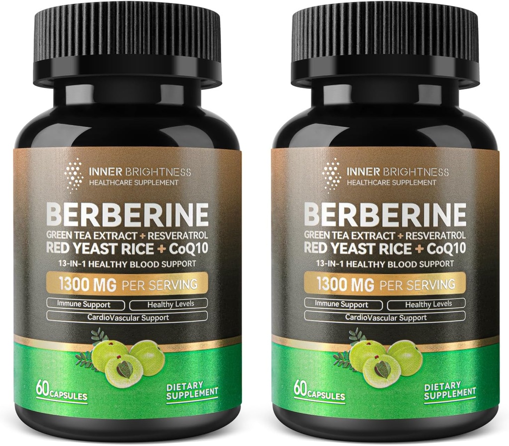 Berberiin 1300mg rohelise tee ekstrakti, resveratrool, punane pärmseente riis & CoQ10 - 13-in-1 immuuntervise, loodusliku ainevahetuse tugi - 60 kapslit - mitte-GMO, Lab testitud - 2 pakendit