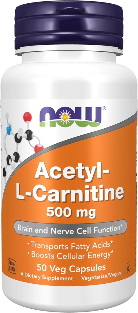 NOW Toidulisandid, atsetüül-L-karnitiin 500 mg, aminohape, aju ja närvirakkude funktsioon *, 50 Veg kapslit
