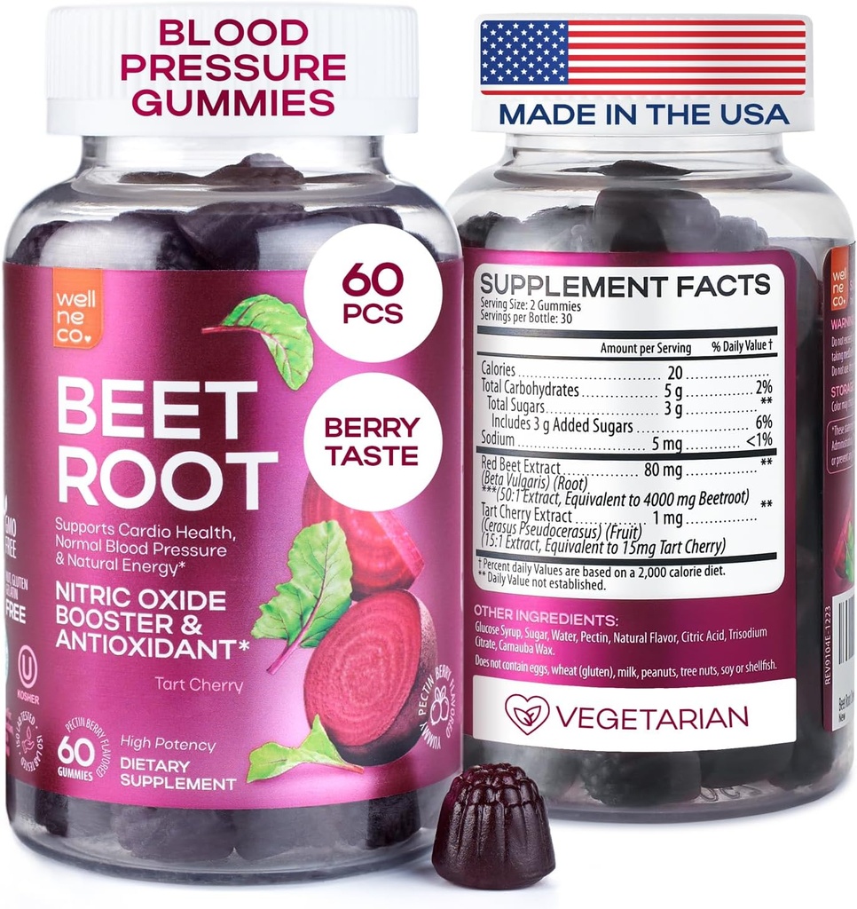 Beet Chews kõrge vererõhk - Beet Root Gummies valmistatud USA Tart Cherry - lämmastikoksiidi toidulisandeid energia ja südame tervise - Vegan, puudub GMO, pektiini baasil - naistele ja meestele, 60 Tcs