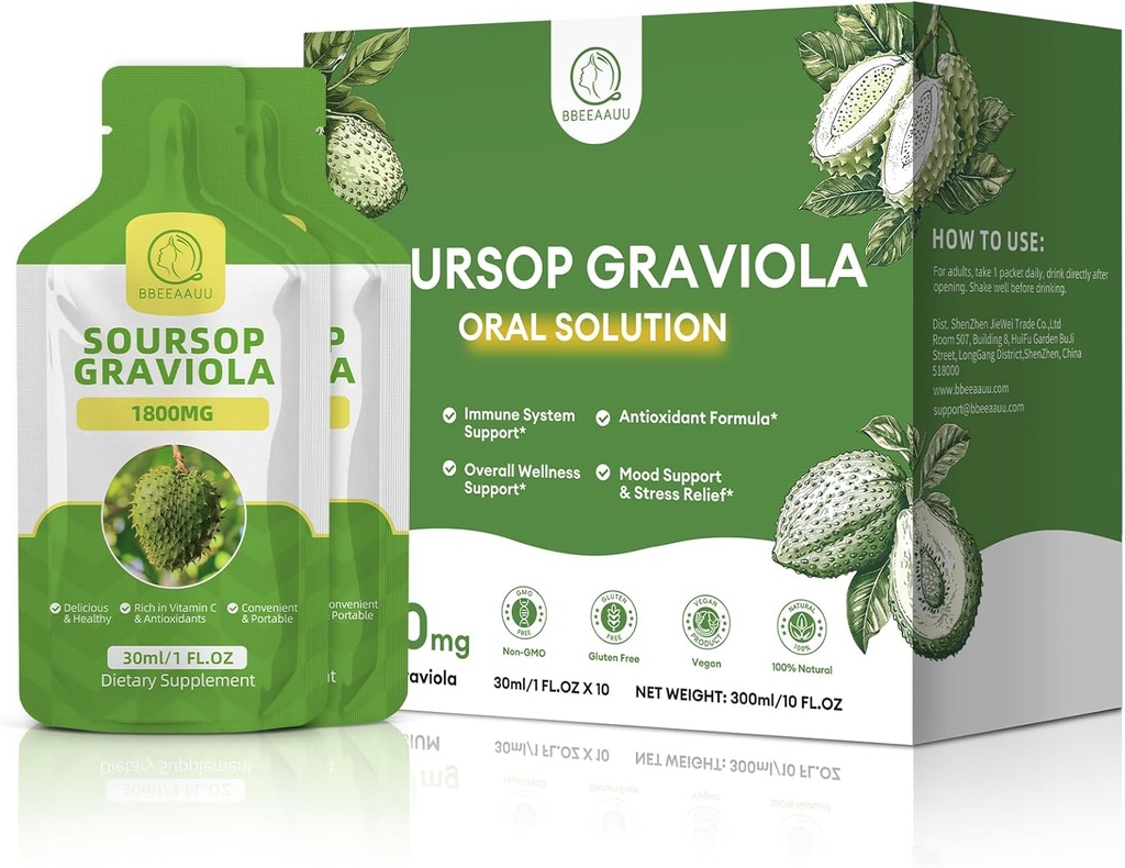Soursop Graviola suukaudne vedelik 10 FL.OZ, kõrge imendumine Soursopi mõru jook naistele ja meestele, värske Graviola puuviljaekstrakt rakkudele * regenereerimine, immuun- ja antioksüdantide tugi, ananassimaitse